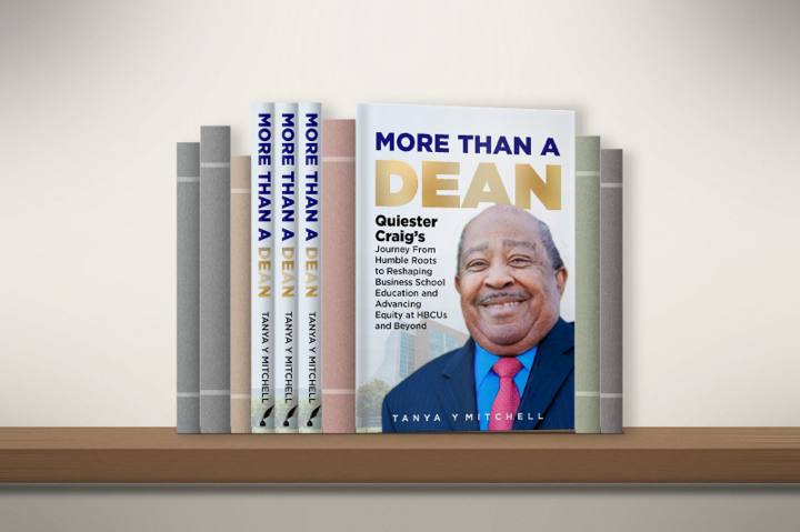 Book cover face-out on a shelf beside three matching spines