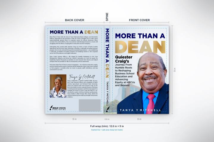 Flat full-wrap cover proof with back cover, spine and front cover dimensions and safe area marked