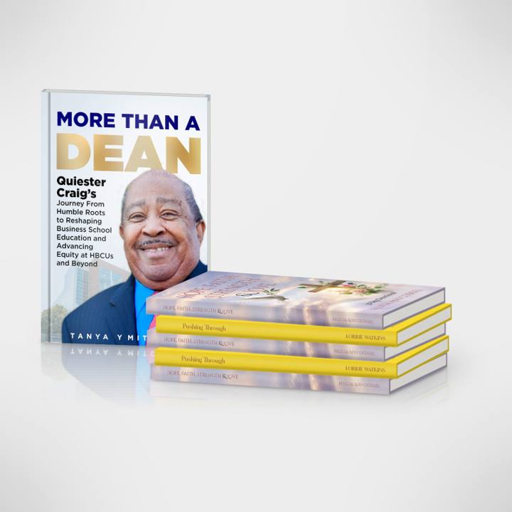 Standing hardcover beside a stack of five matching-trim paperbacks
