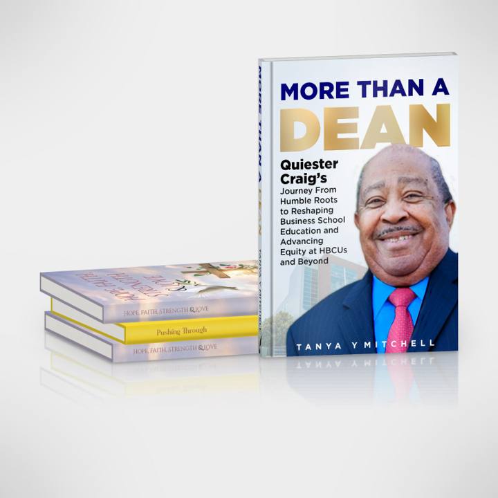 Hardcover standing beside a stack of three paperbacks on a reflective surface