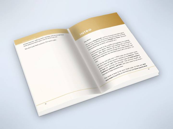 Open paperback at a low angle on a soft blue surface