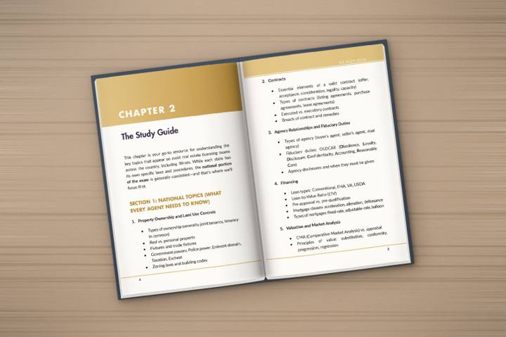 Hardcover opened to a chapter spread, overhead on wood